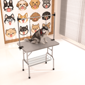 42" Folding Dog Pet Grooming Table Stainless Steel Frame Rubber Mat on Board with Adjustable Arm and Clamps pet dog Cat Grooming Table (SILVER-GR